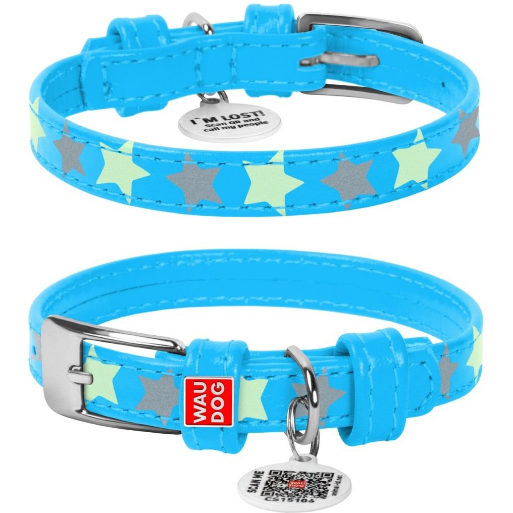 Ошейник для собак Waudog Glamour Звездочка, кожаный, светоотражающий, светонакапливающий, с QR паспортом, XL, 46-60х3,5 см, голубой - фото 3
