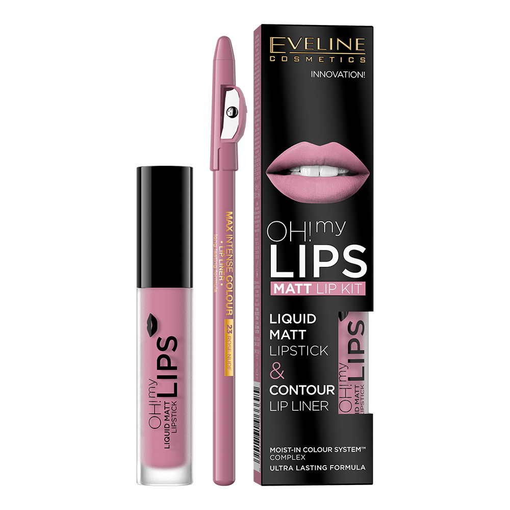 Набор Eveline №3: матовая губная помада Oh My Lips, тон 03, 4,5 мл + контурный карандаш для губ Max Intense Colour, тон 23 (Rose Nude), 1,2 г (LBL4LIPSK03) - фото 1