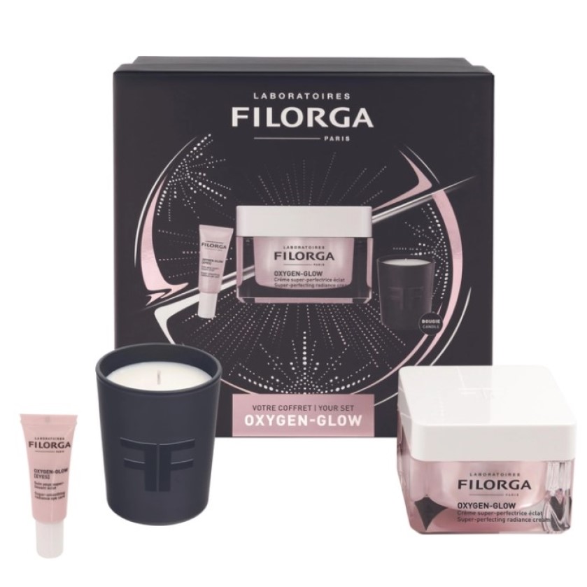 Новорічний набір Filorga Oxygen-Glow: крем для обличчя Super-Perfecting Radiance Cream 50 мл + крем для контуру очей Oxygen-Glow Eyes 4 мл + свічка - фото 1