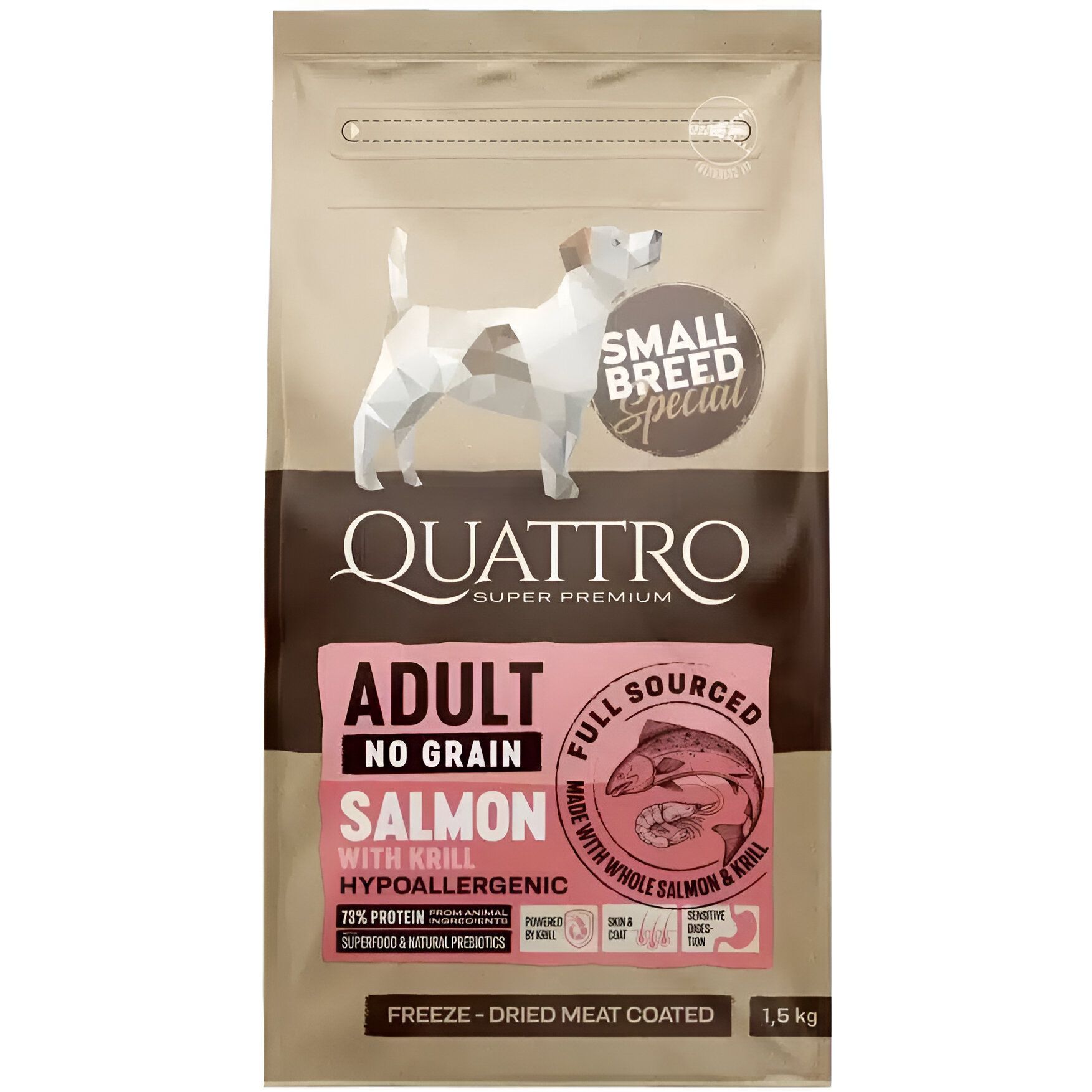 Сухой корм Quattro Adult Salmon Small Breed для собак мелких пород с лососем и крилем 1.5 кг - фото 1