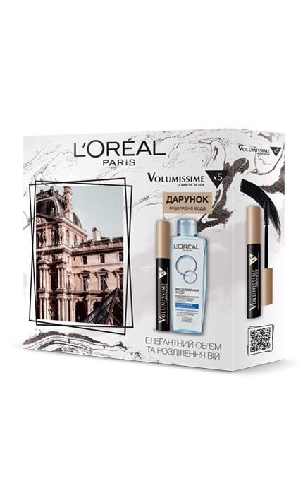 Подарунковий набір L’Oréal Paris: Тушь Volumissime X5 Carbon Black для елегантного об`єму та поділ вій, 7,5 мл + Міцелярна вода, 200 мл (ZUA03215) - фото 1