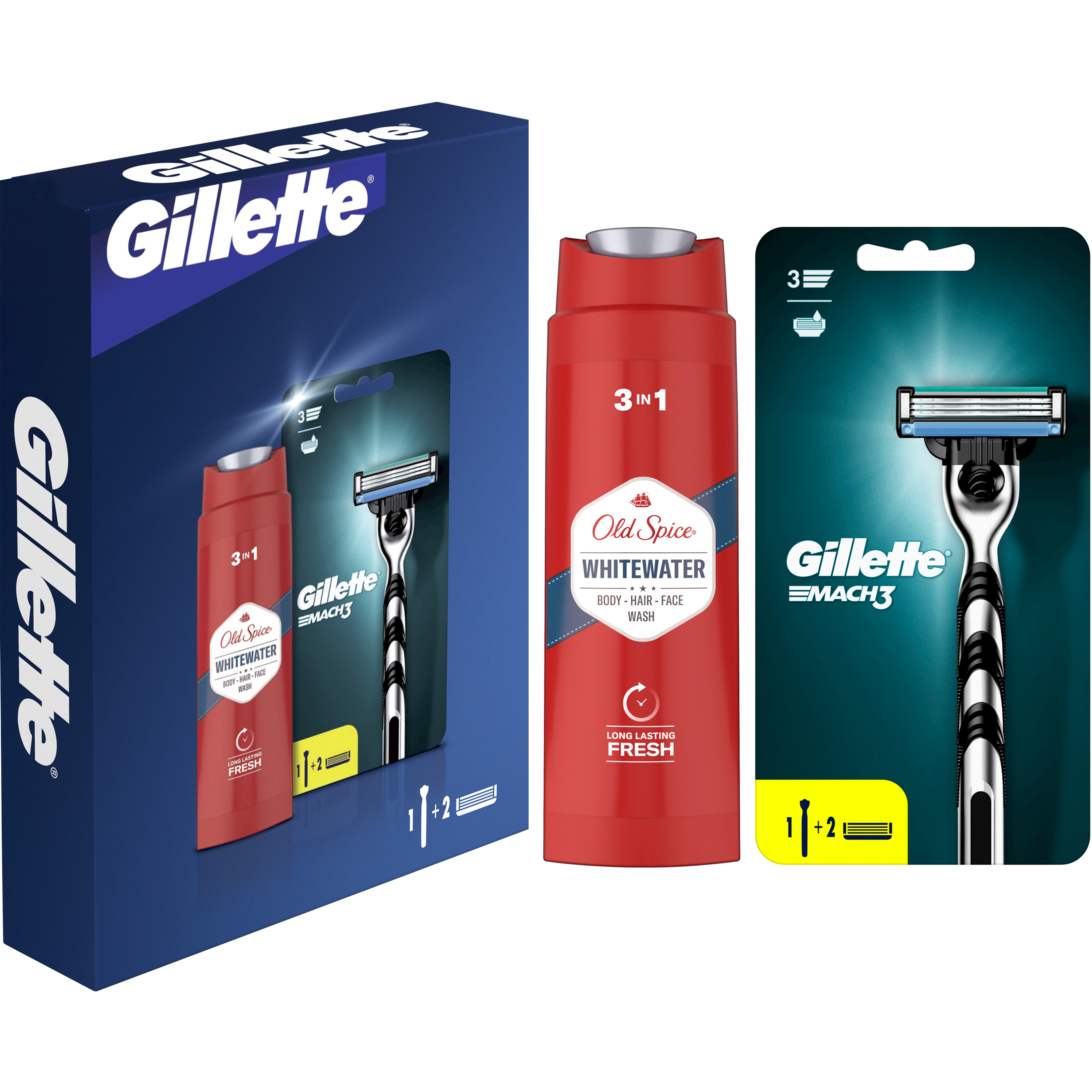 Подарунковий набір для чоловіків: бритва Gillette Mach3 + змінні катриджі для гоління 2 шт. + гель для душу Old Spice 3 в 1 WhiteWater 250 мл - фото 1