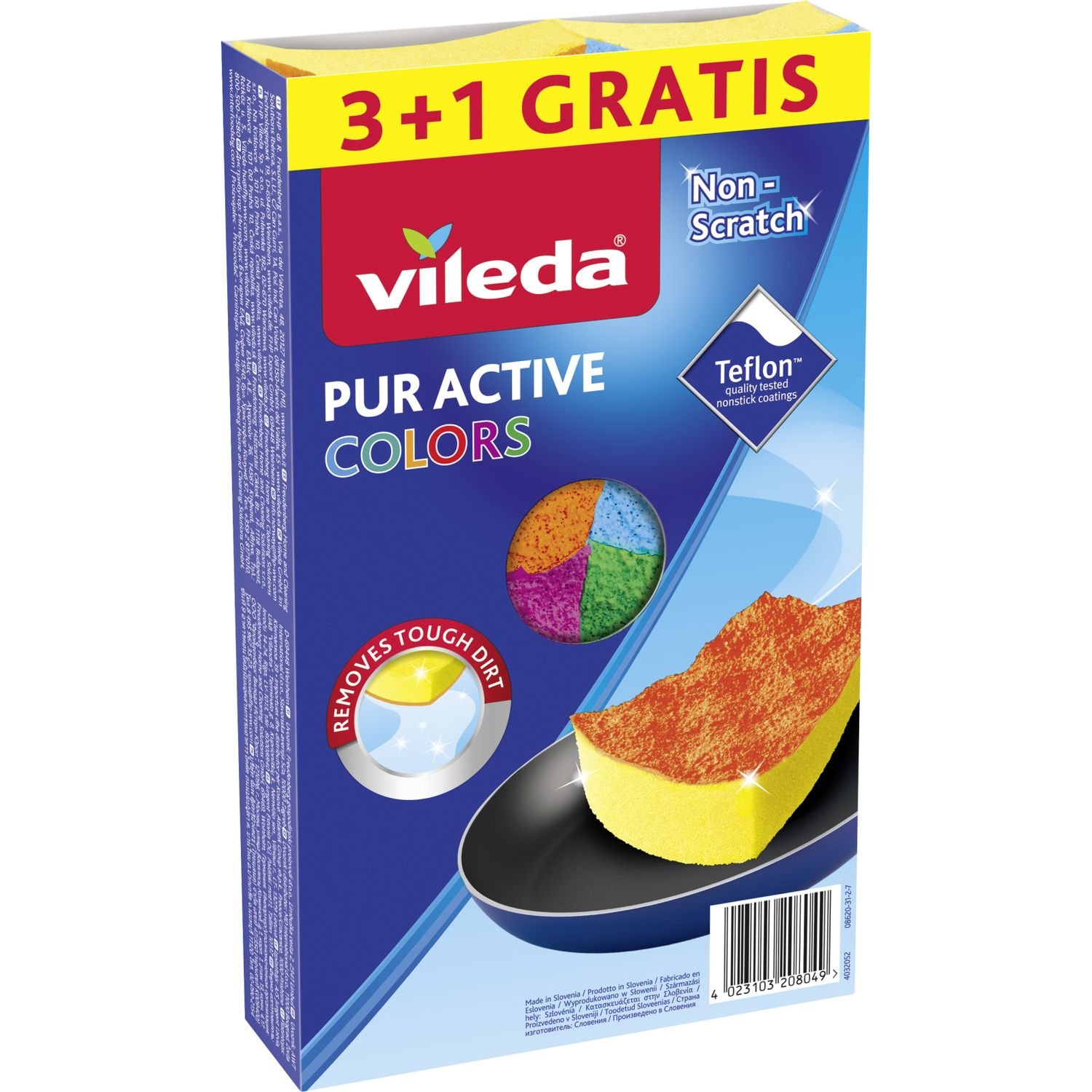 Губки кухонні для тефлону Vileda Pur Active Color, 3+1 шт. (4023103208049) - фото 1