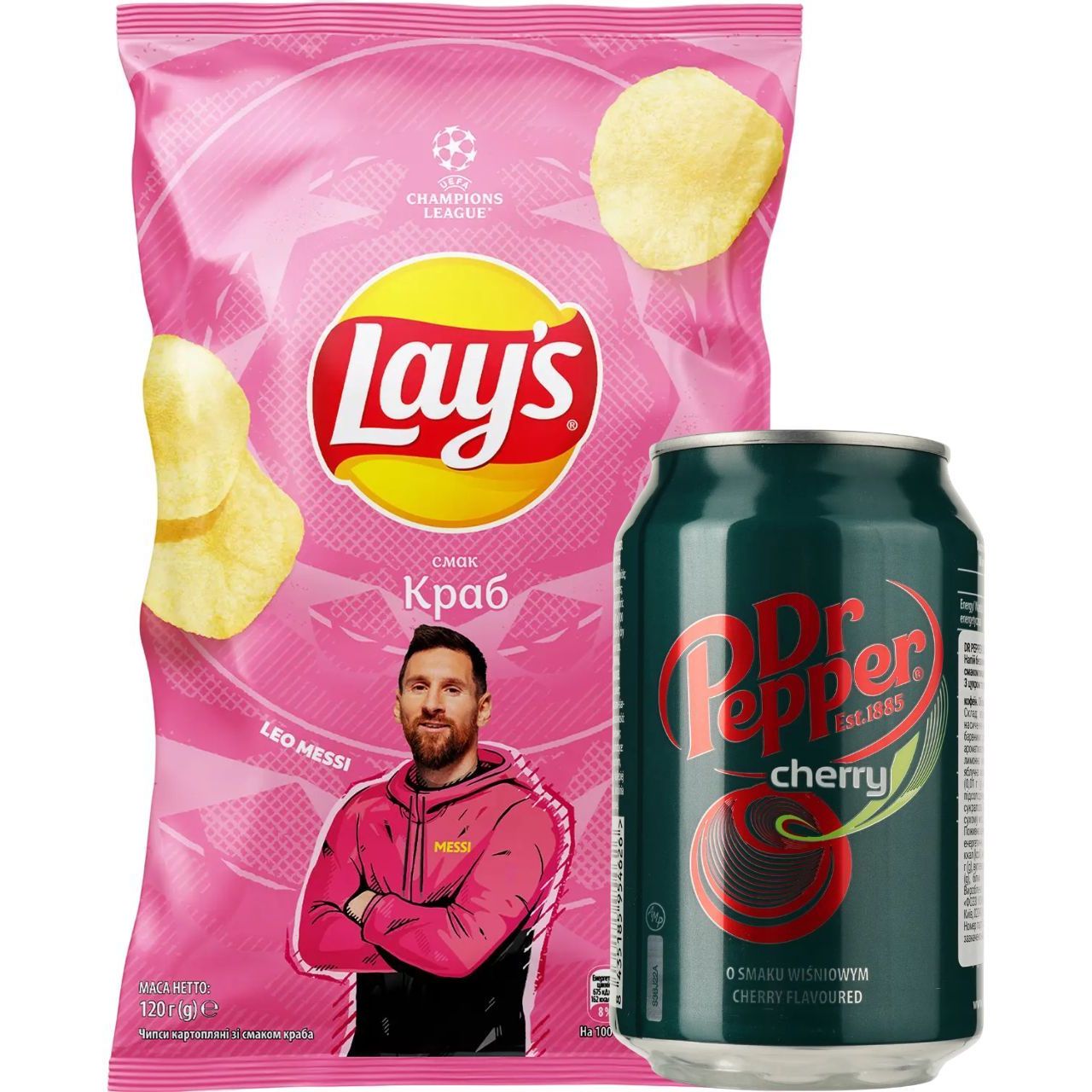 Набір: чипси Lay's зі смаком краба 120 г + напій Dr. Pepper Cherry 330 мл - фото 1