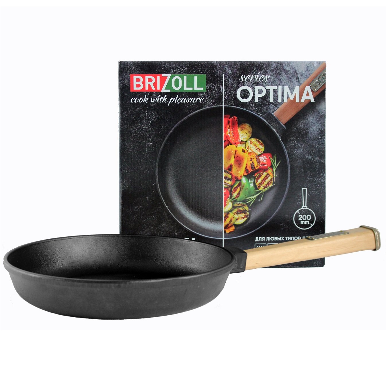 Cковорода Brizoll Optima-Black чугунная с ручкой, 20х3,5 см (O2035-P1) - фото 1