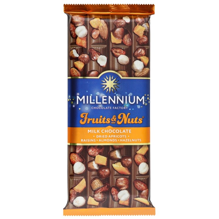Шоколад молочний Millennium Fruits&Nuts з мигдалем, цілими лісовими горіхами, курагою та родзинками, 90 г (856194) - фото 1