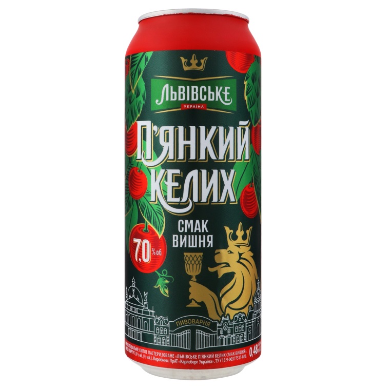 Пиво Львівське П'янкий келих вишня, світле, 7%, з/б, 0,48 л (910403) - фото 1