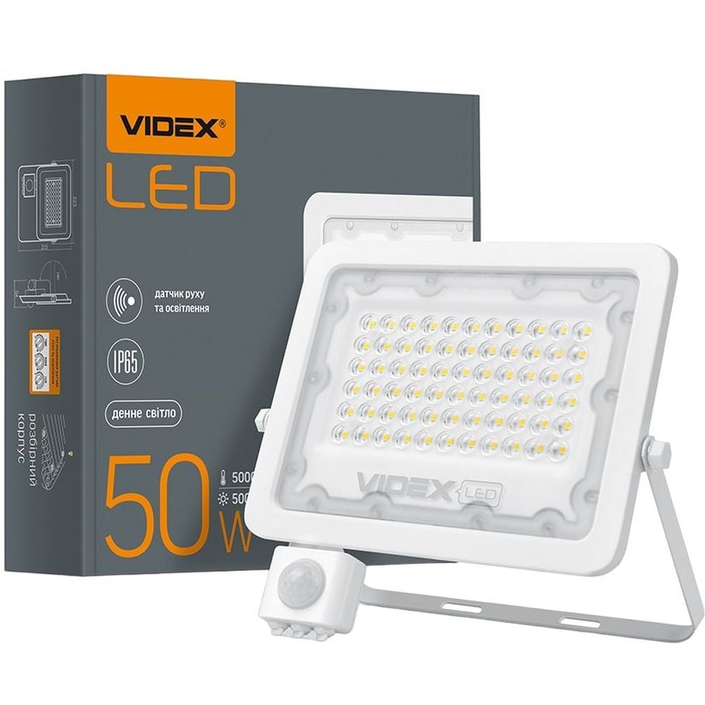 Прожектор Videx LED F2e 50W 5000K с датчиком движения и освещенности (VL-F2e505W-S) - фото 1