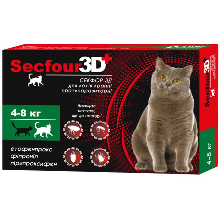 Краплі протипаразитарні Fipromax Secfour 3D для котів, 1 мл, 4-8 кг, 2 шт. - фото 1