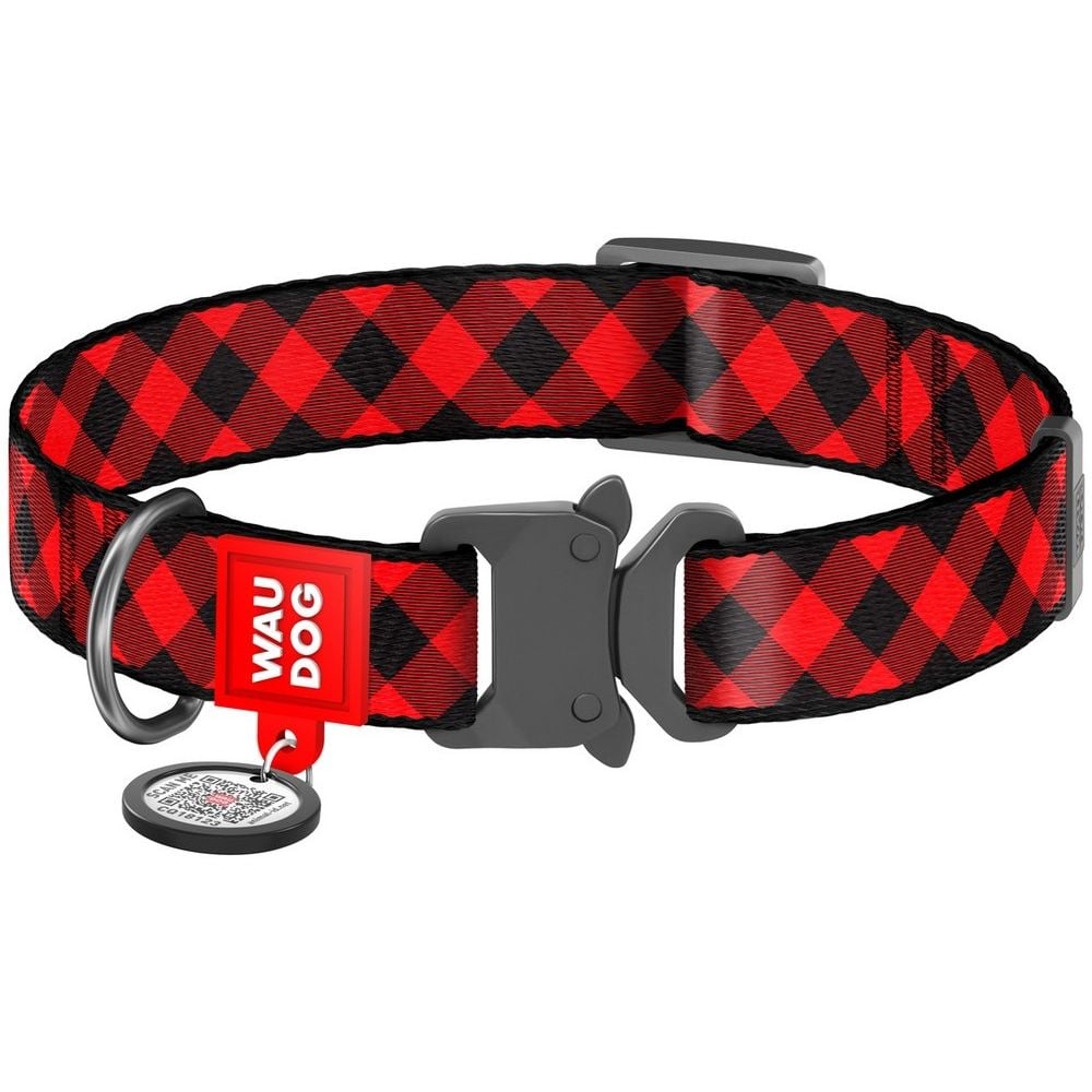 Нашийник для собак Waudog Nylon Шотландка червона, з QR паспортом, металева пряжка-фастекс, 23-35х1,5 см - фото 1