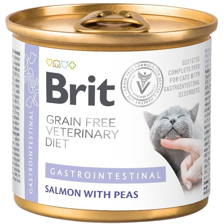 Консервированный корм для кошек Brit GF Veterinary Diet Cat Cans Gastrointestinal при острых и хронических заболеваниях желудочно-кишечного тракта, лосось и горох, 200 г - фото 1