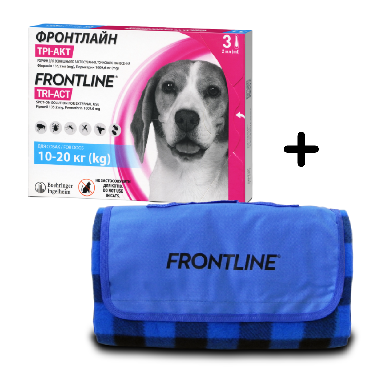 Краплі Boehringer Ingelheim Frontline Tri-Act від бліх та кліщів для собак, 10-20 кг, 3 піпетки + Плед для пікніка Frontline, темно-синій - фото 1