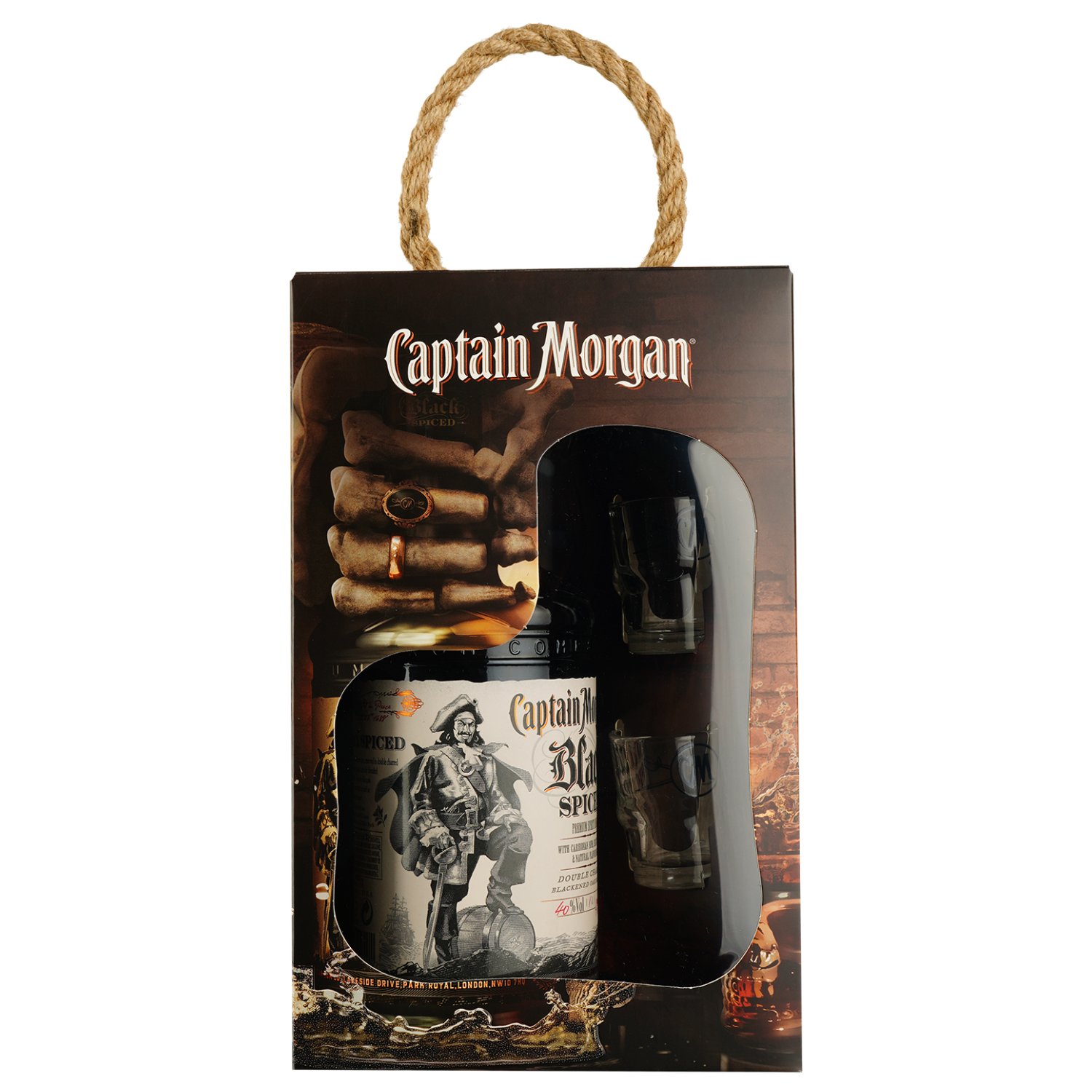 Ромовый напиток Captain Morgan Black Spiced, 40%, 1 л + 2 рюмки - фото 1