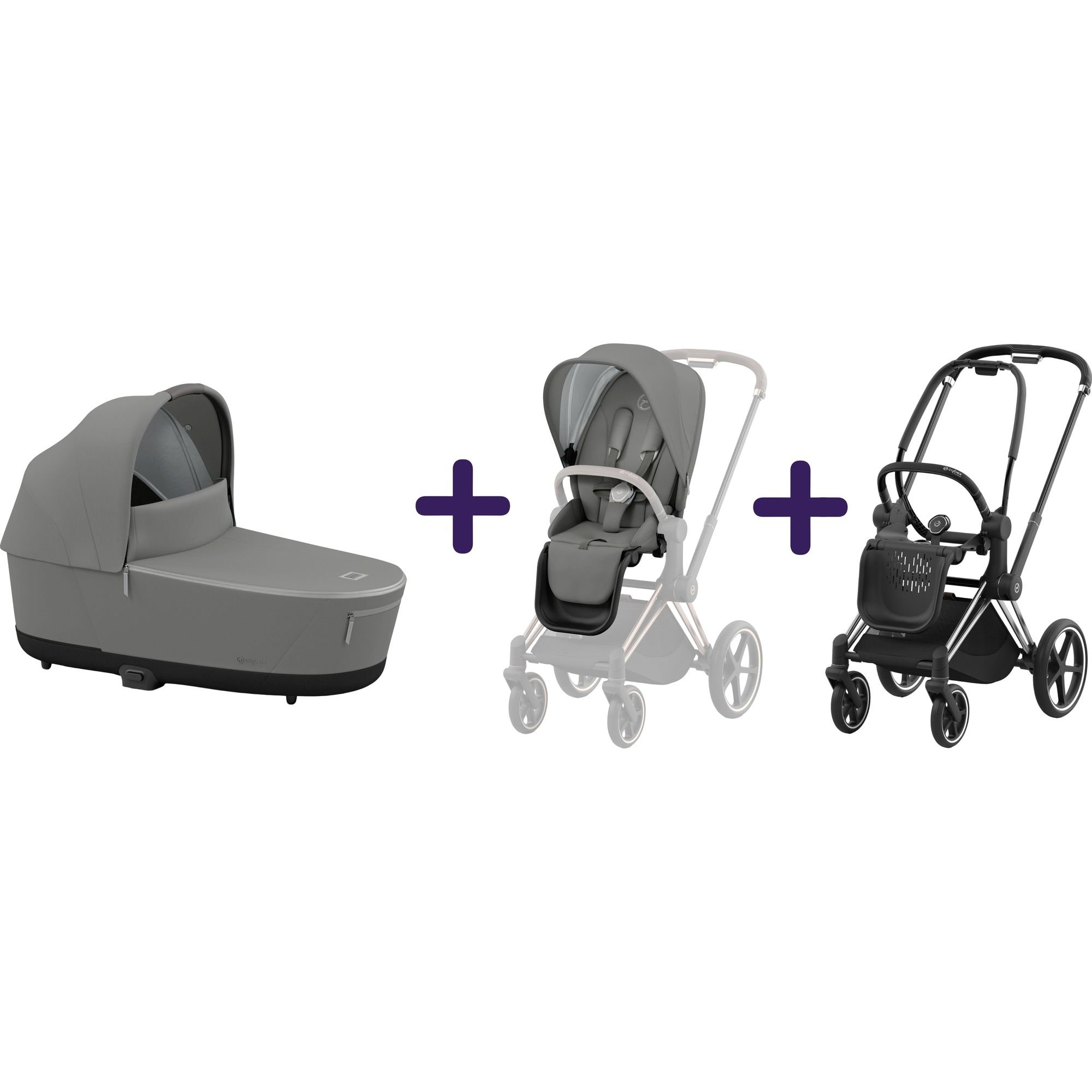 Люлька Cybex Priam Lux Conscious Collection Pearl Grey + Текстиль для прогулянкового блоку Cybex Priam Conscious Collection Pearl Grey + Шасі Cybex Priam з каркасом LS RBA Chrome Black - фото 1