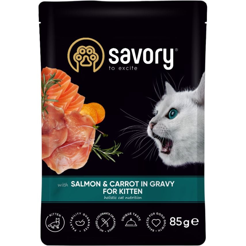 Вологий корм для кошенят Savory, лосось з морквою в соусі, 85 г - фото 1