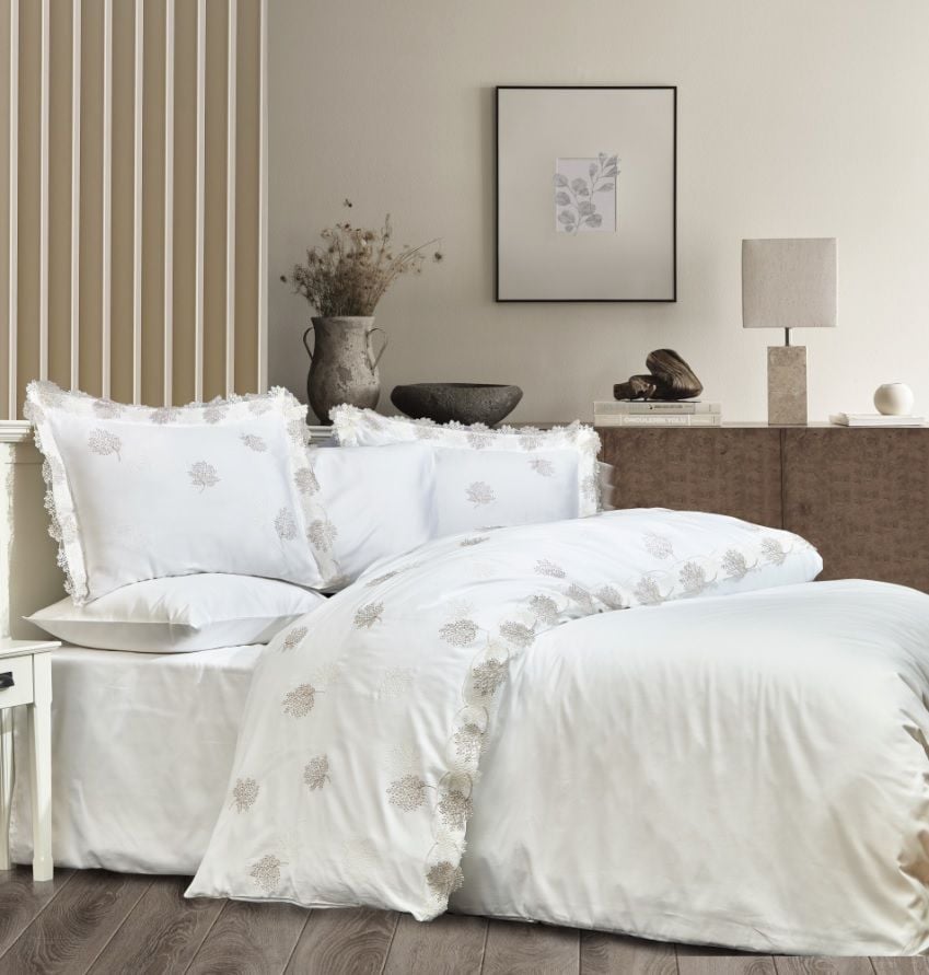 Комплект постельного белья Dantela Vita Defne сатин с кружевной вышивкой евро (svt-2000022312363) - фото 1