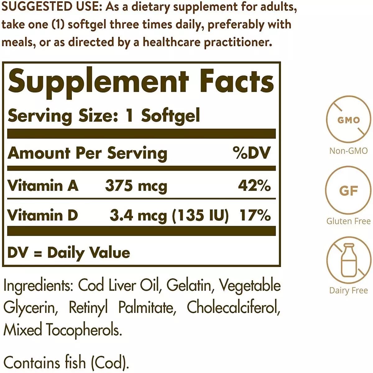 Вітаміни A і D Solgar Cod Liver Oil & Vitamins A & D з печінки норвезької тріски 100 капсул - фото 3