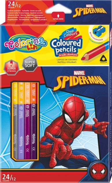 Олівці кольорові Colorino Duo Colors Spiderman, двосторонні, з точилкою, 12 шт., 24 кольори (91796PTR) - фото 1