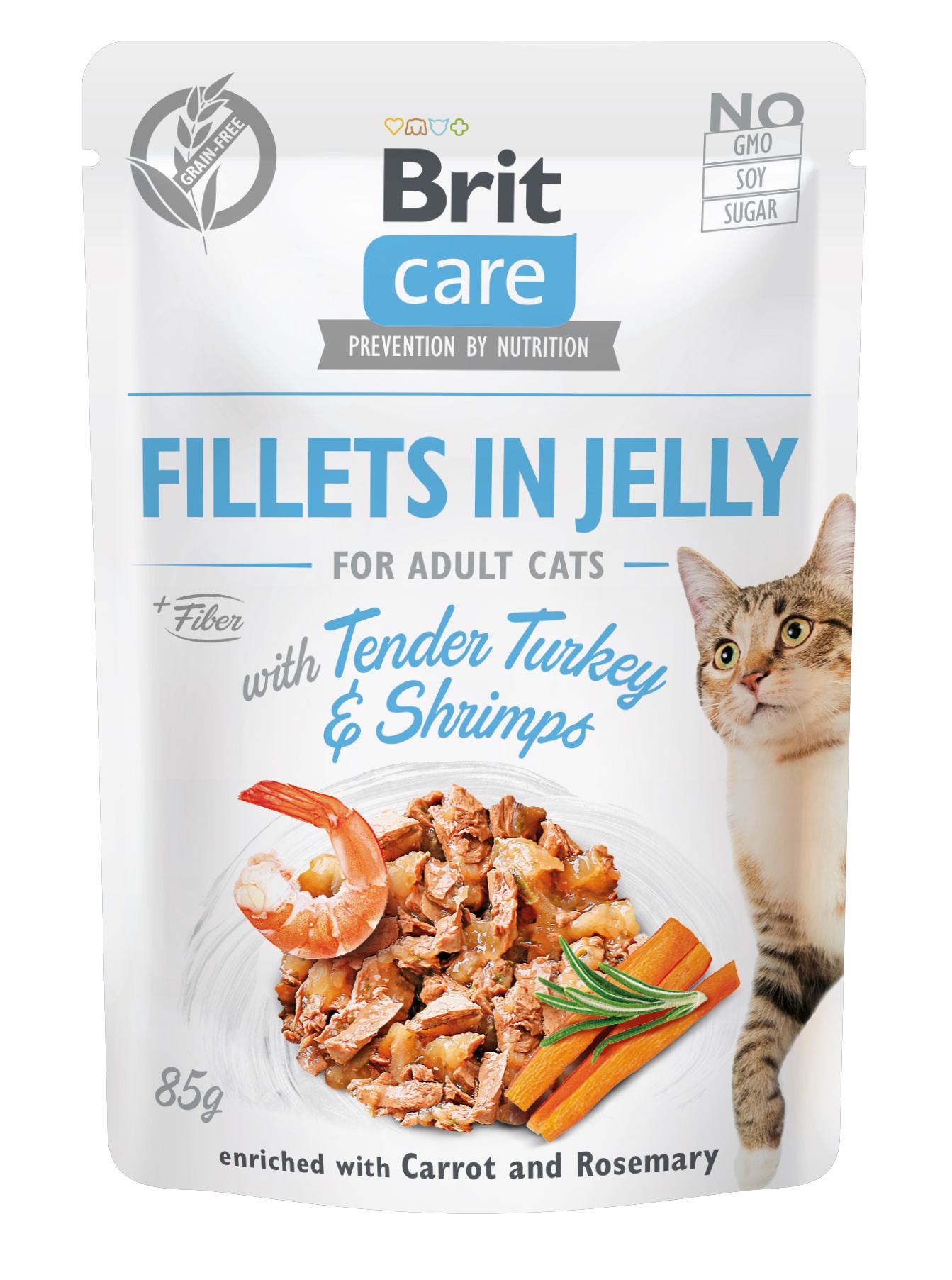 Беззерновой влажный корм для котов Brit Care Cat pouch, нежная индейка с креветками в желе, 85 г - фото 1