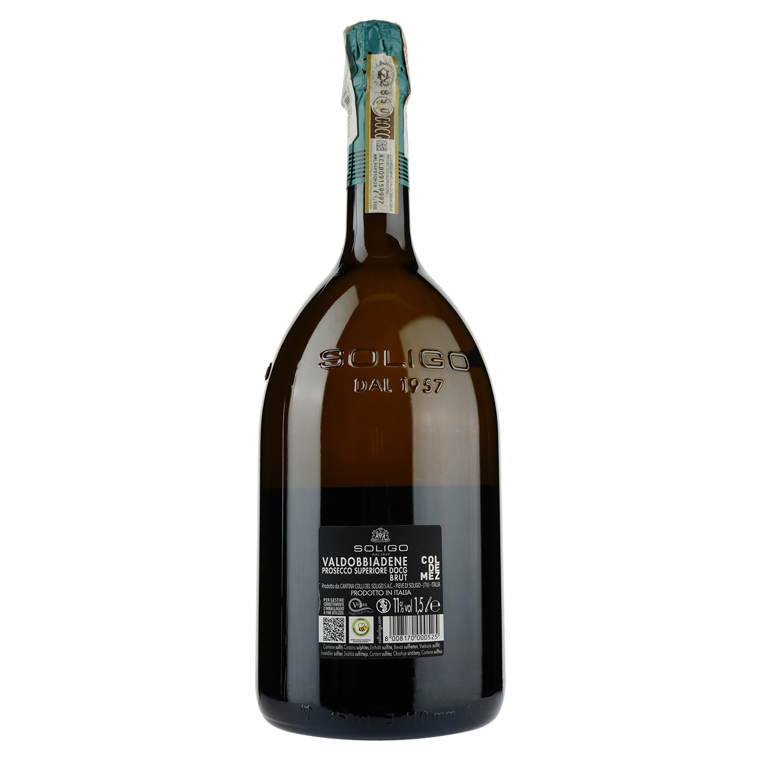 Ігристе вино Soligo Col de Mez Prosecco Valdobbiadene Brut, біле, брют, 11%, 1,5 л (53803) - фото 1