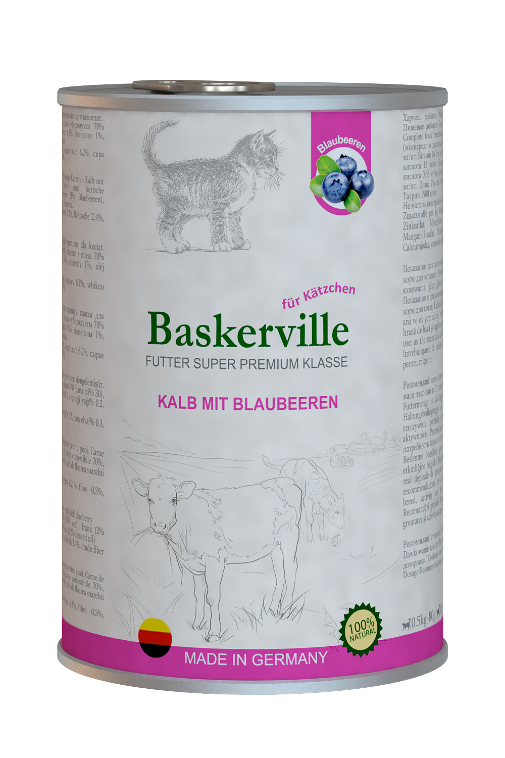 Вологий корм для котенят Baskerville Super Premium Kalb Mit Brlaubeeren Телятина з чорницею, 400 г - фото 1