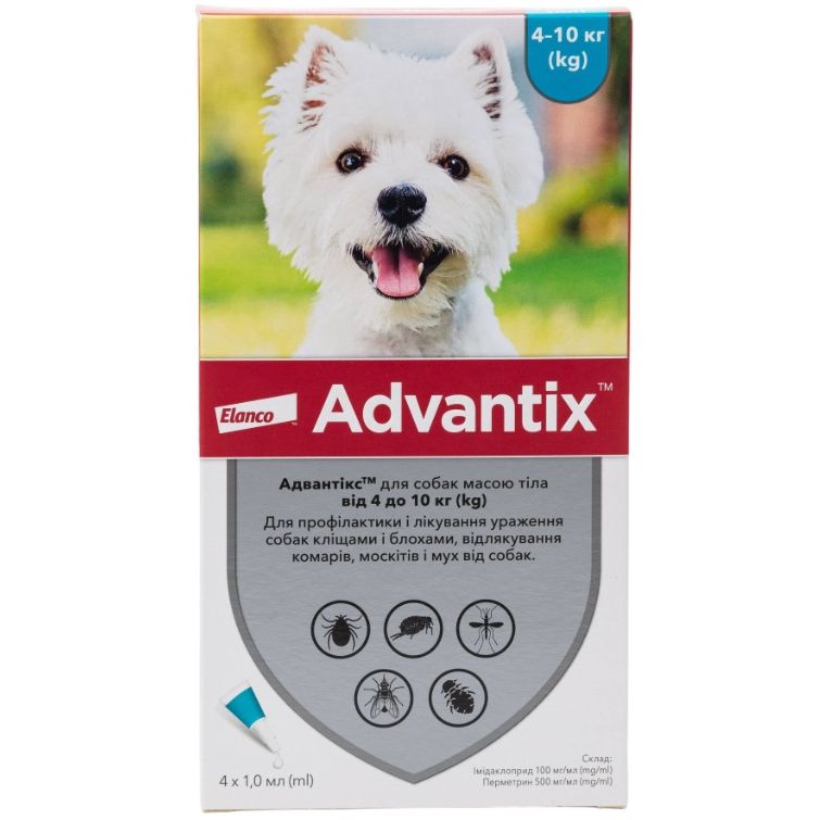Капли Bayer Адвантикс от блох и клещей, для собак от 4 до 10 кг, 4 пипетки - фото 1