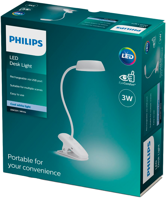 Світильник настільний акумуляторний Philips LED Donutclip DSK201 PT 3W 4000K W USB 02 кліпса білий (929003179707) - фото 2