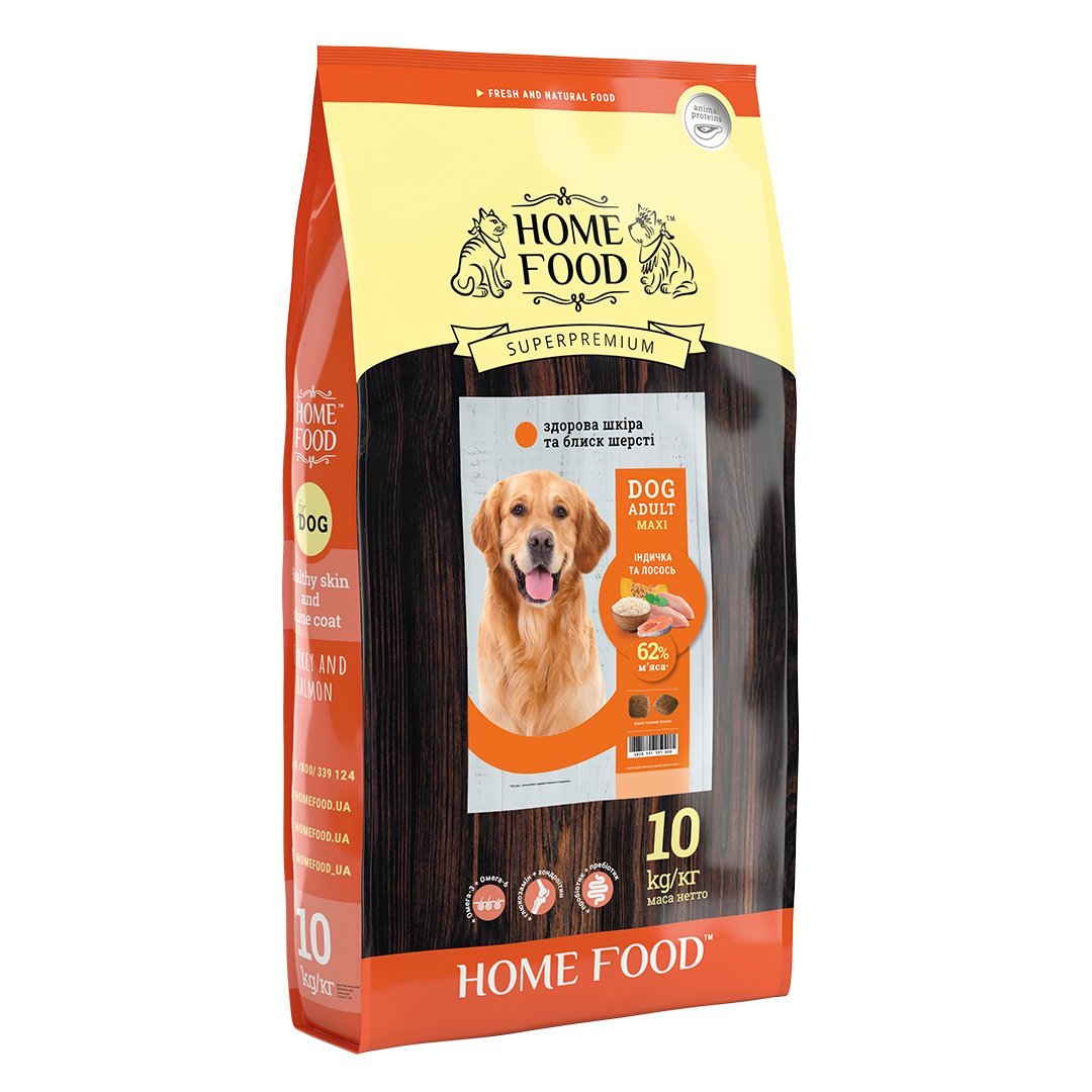Сухий корм для собак великих порід Home Food Adult Maxi Здорова шкіра й блиск шерсті, з індичкою та лососем, 10 кг - фото 1