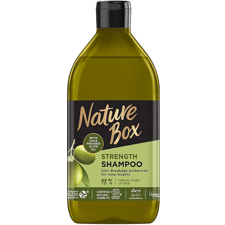 Шампунь для зміцнення довгого волосся та протидії ламкості Nature Box з оливковою олією холодного віджиму 385 мл - фото 1