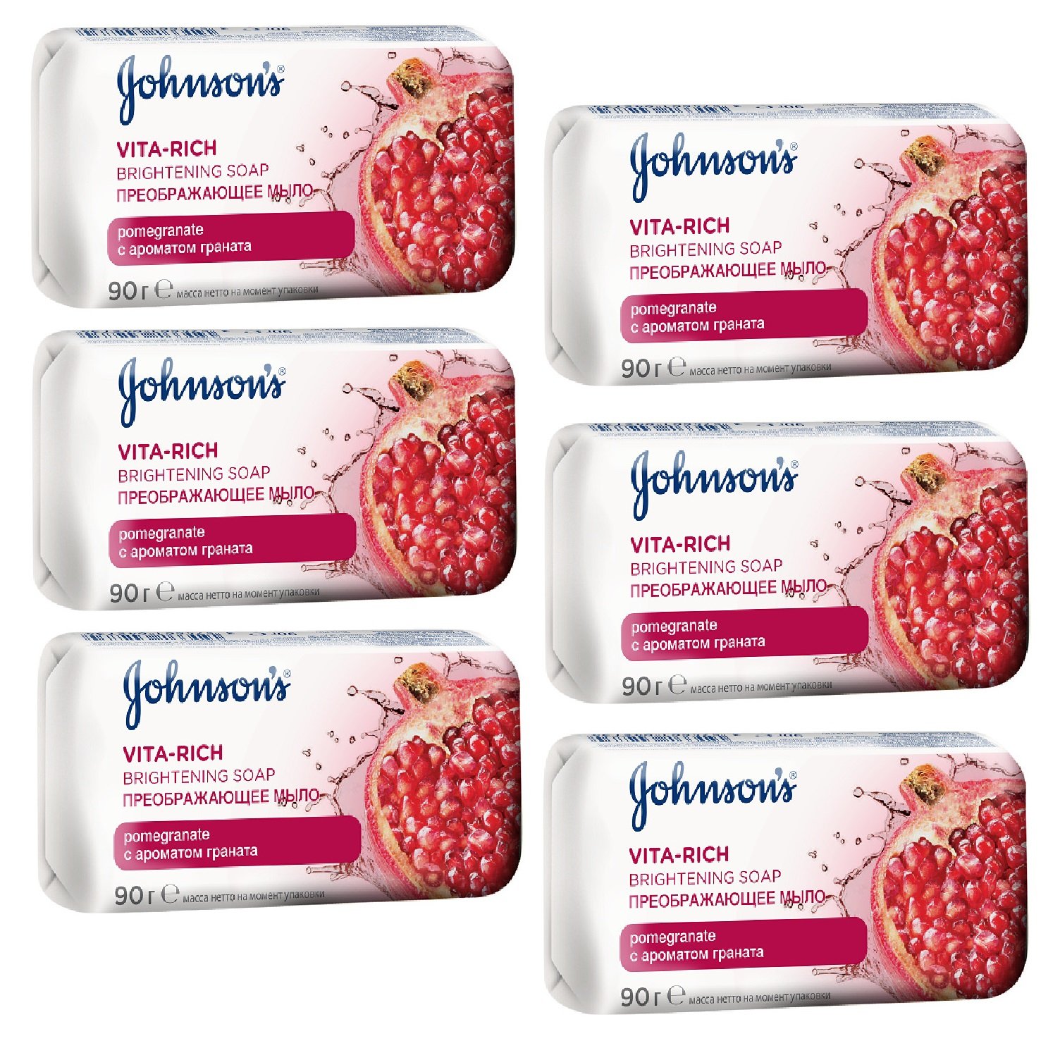 Набор мыла Johnson's Body Care Vita Rich Преображающее, с экстрактом граната, 540 г (6 упаковок по 90 г) - фото 1