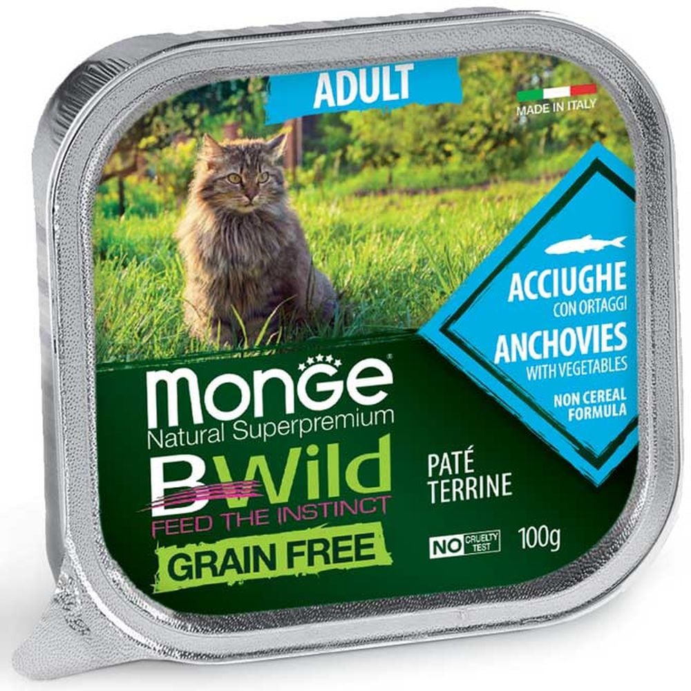 Влажный корм для котов Monge Cat Вwild Gr.Free Wet Adult, анчоус с овощами, 100 г - фото 1