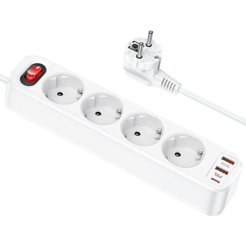 Мережевий фільтр подовжувач Hoco NS-1 4000W 4 розетки Type-C PD20W + 2 USB 18W White - фото 2