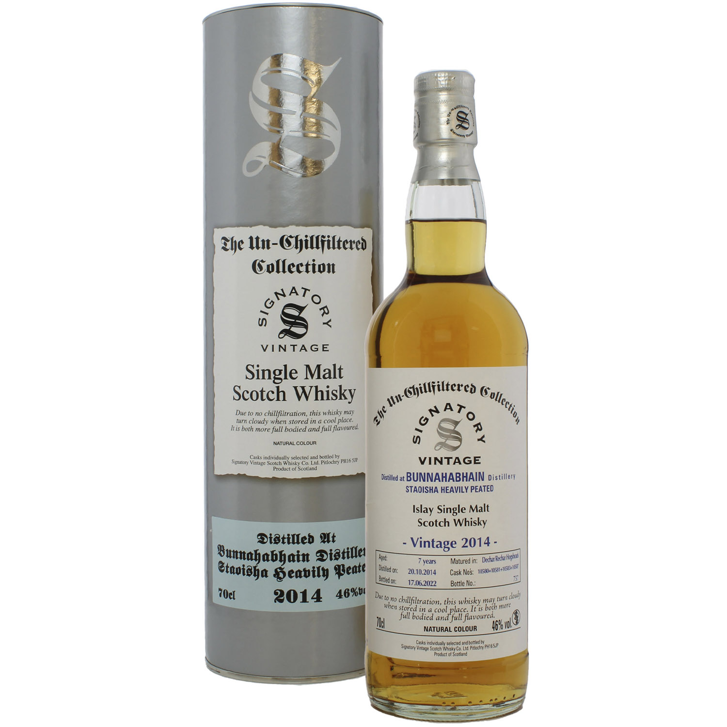 Віскі Signatory Vintage Bunnahabhain Staoisha Unchillfiltered Single Malt Scotch Whisky 46% 0.7 л в тубусе - фото 1