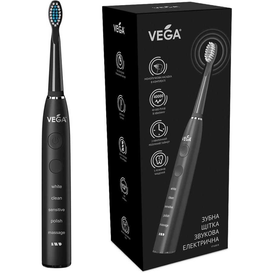 Електрична звукова зубна щітка Vega VT-600 W 5 режимів чищення чорна - фото 3