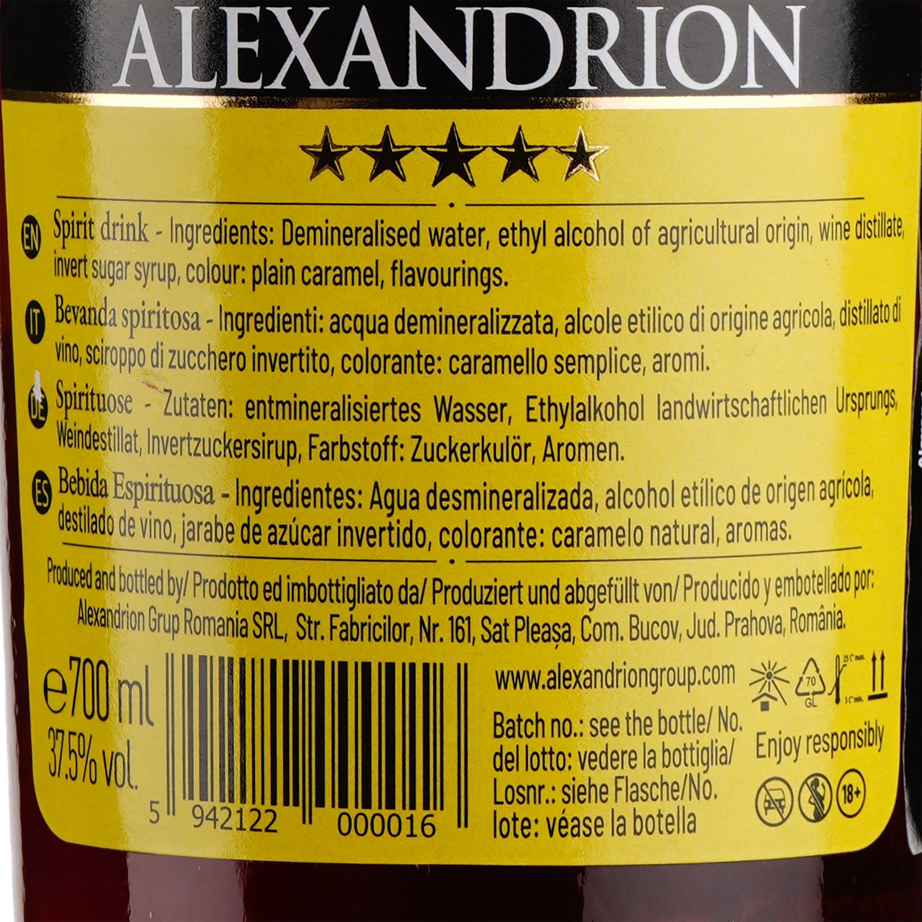 Крепкий алкогольный напиток Alexandrion 5 звезд, 37,5%, 0,7 л - фото 3