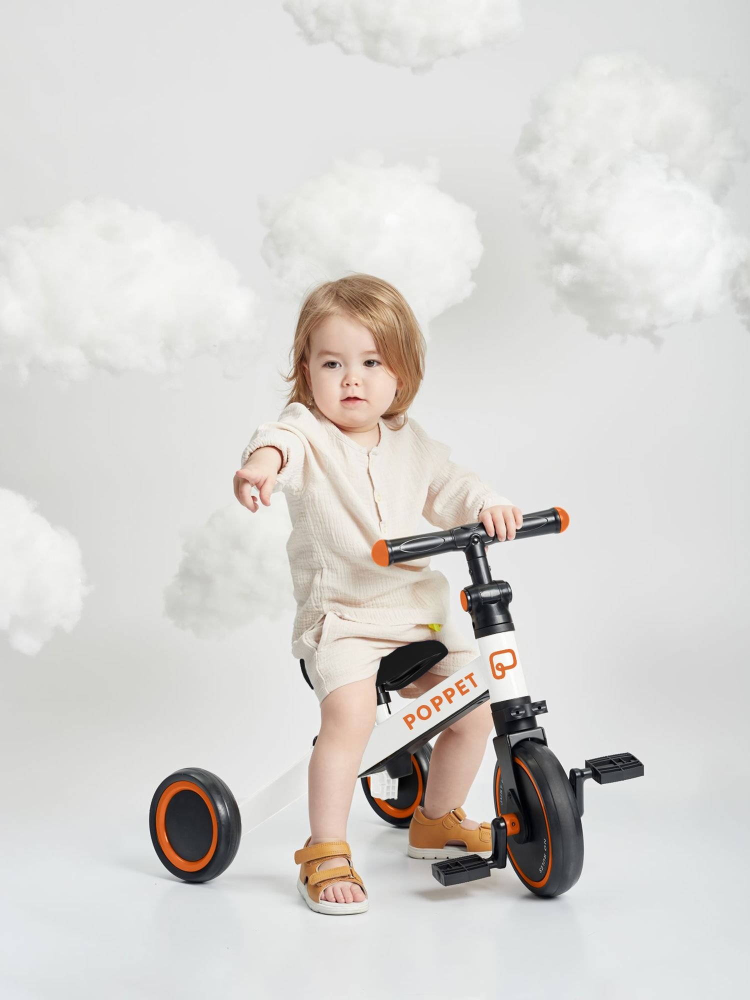 Детский трехколесный беговел-трансформер Poppet 3в1, бело-оранжевый + стикерпак (PP-1704W) - фото 7