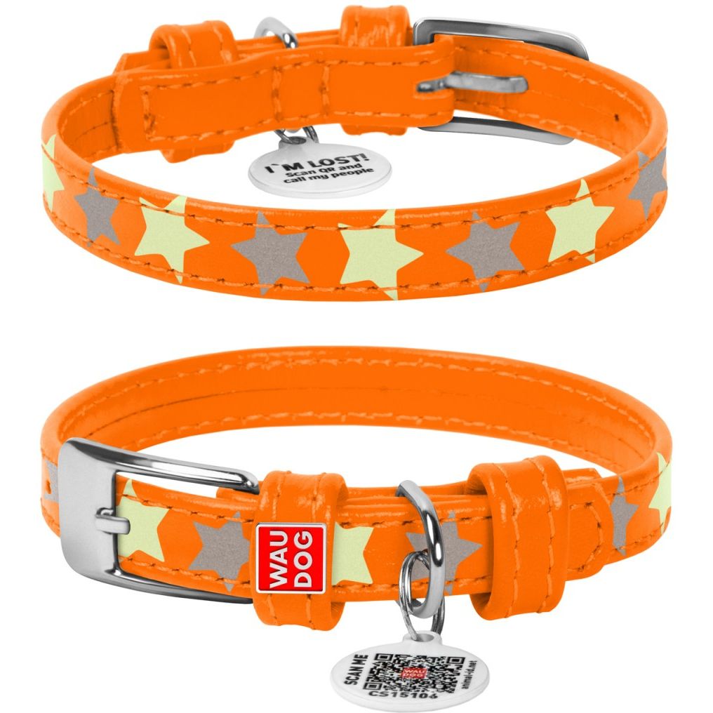 Ошейник для собак Waudog Glamour Звездочка, кожаный, светоотражающий, светонакапливающий, с QR паспортом, XS, 21-29х1,2 см, оранжевый - фото 3