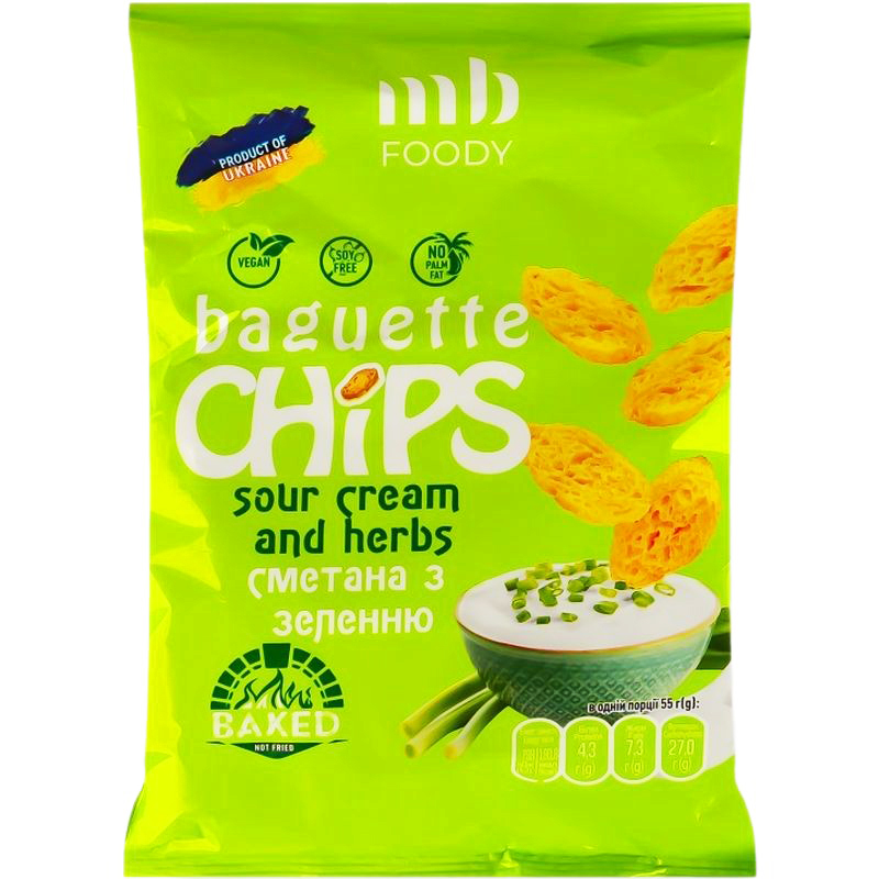 Сухарики MB Foody Baguette Chips Пшеничні зі смаком сметани та зелені 55 г (942028) - фото 1