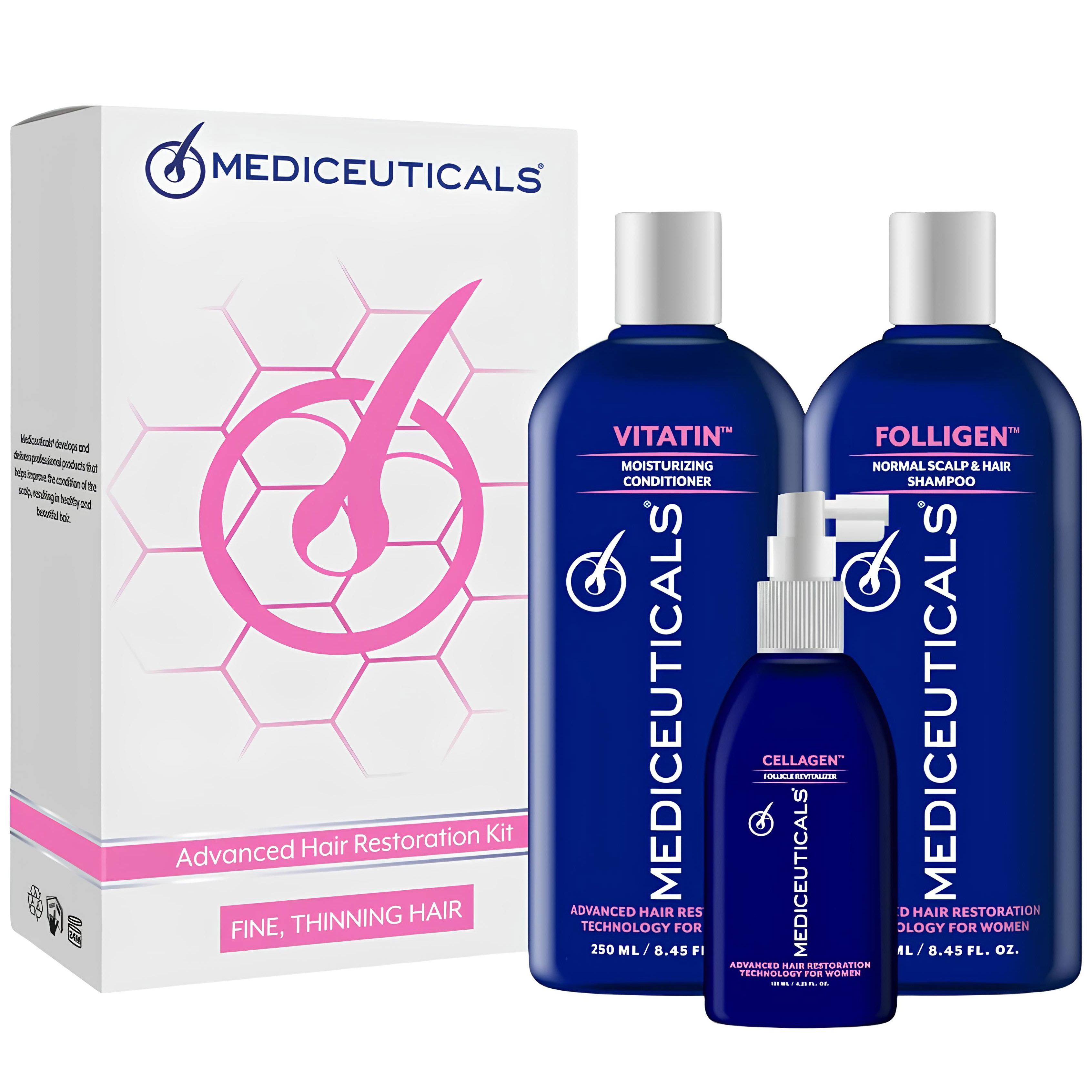 Набір для стимулювання росту волосся у жінок Mediceuticals Advanced Hair Restoration Kit: Шампунь Folligen 250 мл + Кондиціонер Vitatin 250 мл + Сироватка Cellagen Follicle Revitalizer 125 мл - фото 1