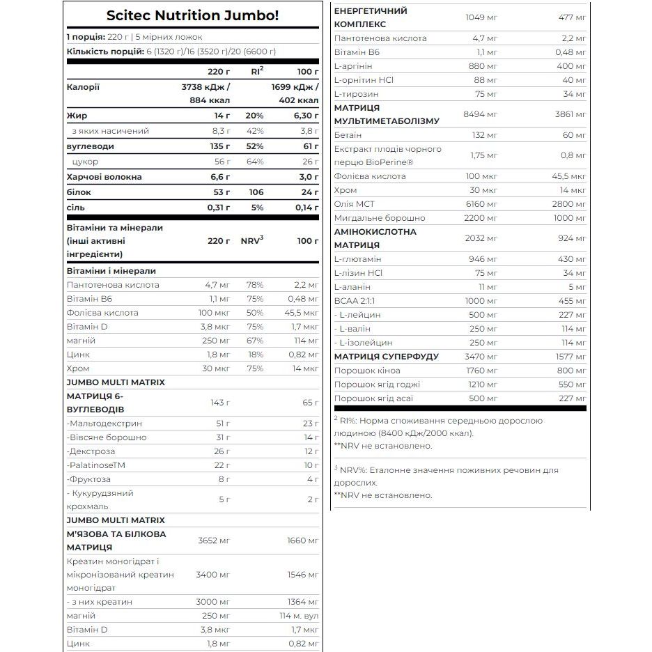 Гейнер Scitec Nutrition Jumbo Unflavored 3520 г - фото 2