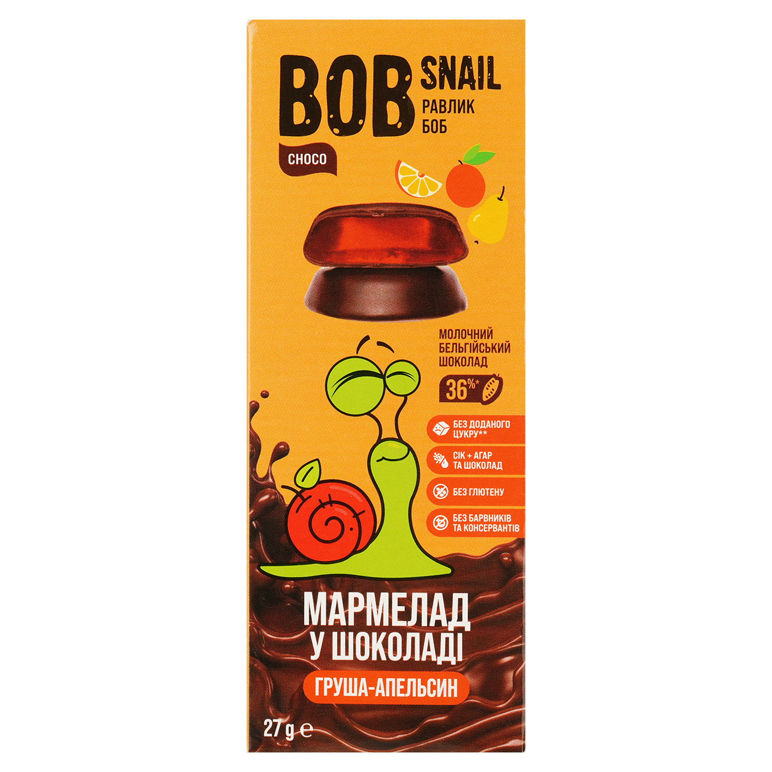 Фруктовый мармелад Bob Snail Груша-Апельсин в бельгийском молочном шоколаде 27 г - фото 1