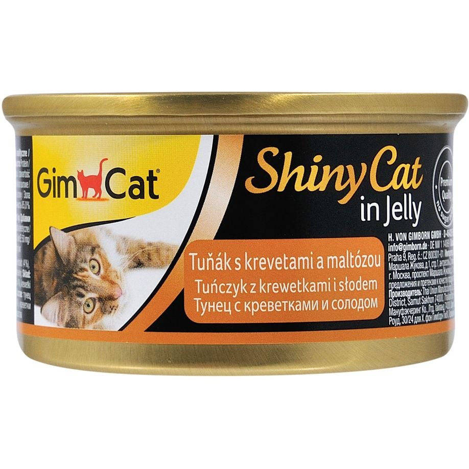 Вологий корм для котів GimCat ShinyCat in Jelly, з тунцем, креветками і солодом, 70 г - фото 1