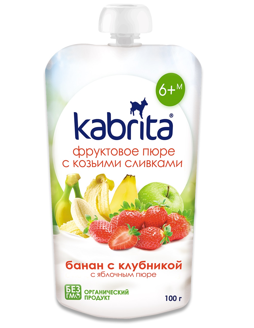 Пюре Kabrita Pouch Банан з полуницею і яблучним пюре і козячими вершками, 100 г - фото 1