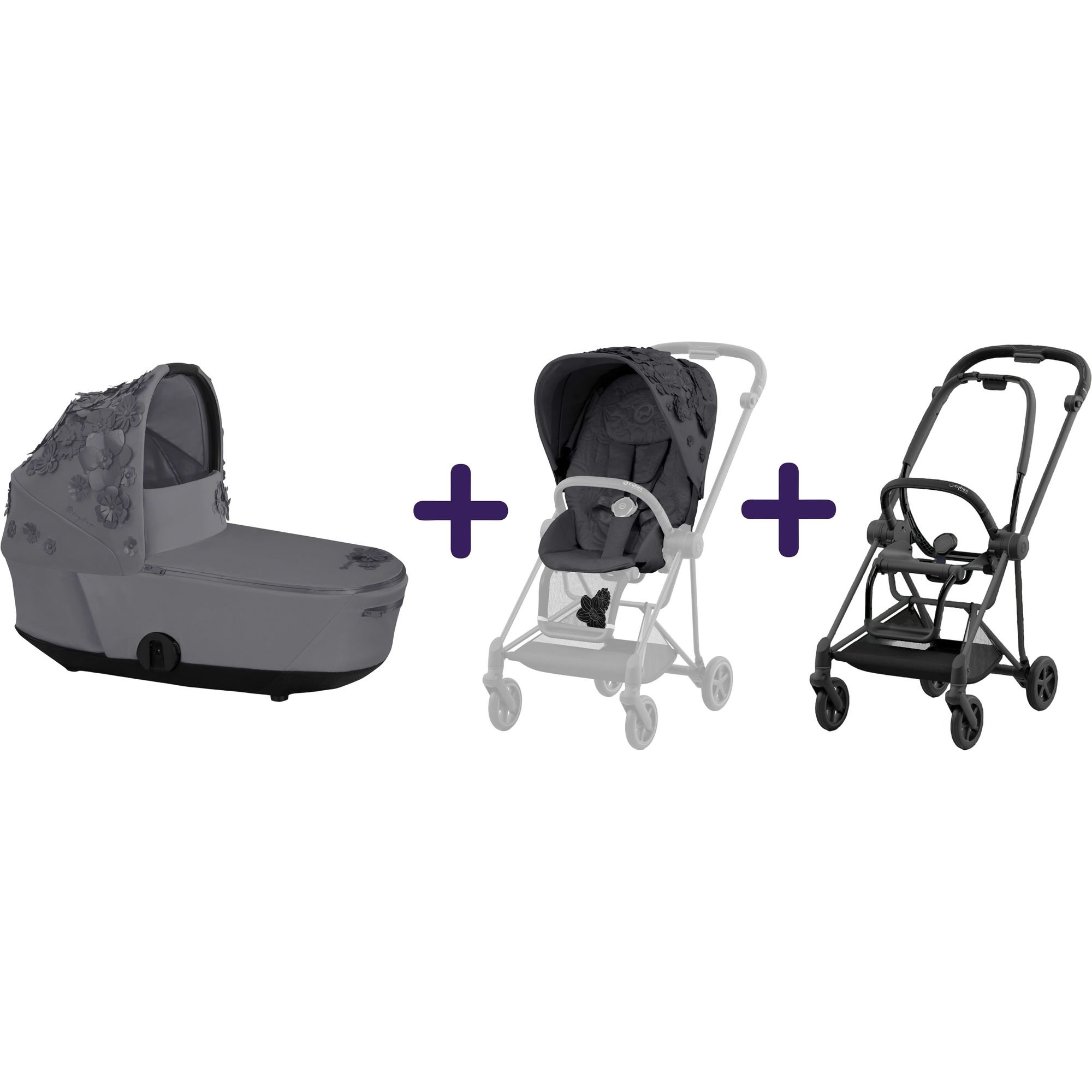 Люлька Cybex Mios Lux Simply flowers grey + Комплект текстилю для прогулянкового блоку Cybex Mios Simply Flowers Grey + Шасі для коляски Cybex Mios LS RBA Matt Black - фото 1