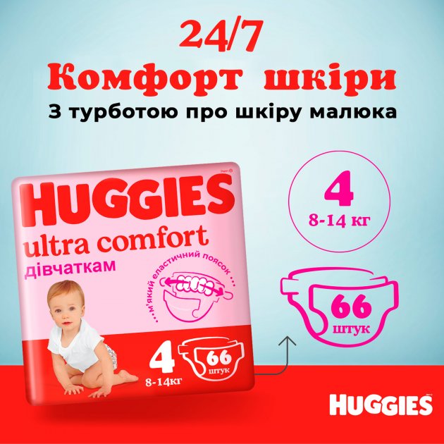Набір підгузків для дівчаток Huggies Ultra Comfort 4 (8-14 кг), 132 шт. (2 уп. по 66 шт.) - фото 8