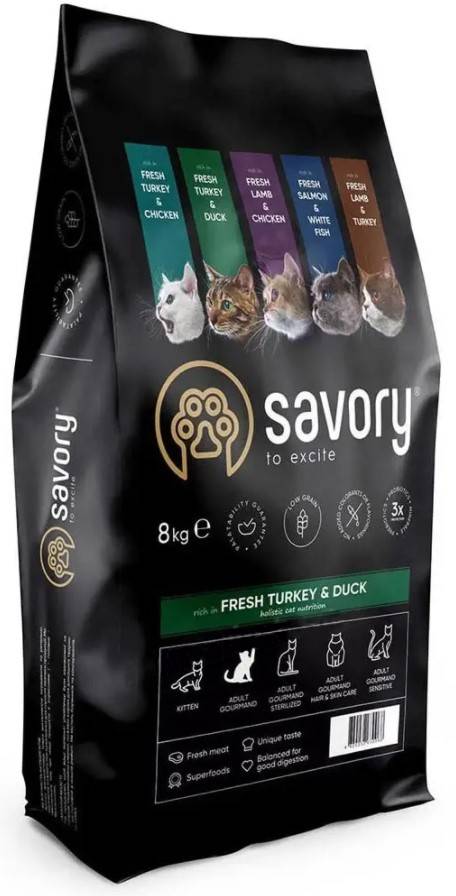 Сухий корм для дорослих котів Savory Adult Cat Gourmand Fresh Turkey & Duck, з качкою та індичкою, 8 кг - фото 1