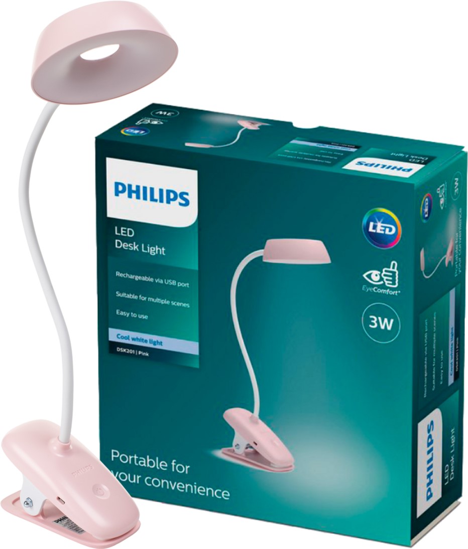 Світильник настільний акумуляторний Philips LED Donutclip DSK201 PT 3W 4000K P USB 02 кліпса рожевий (929003179627) - фото 2