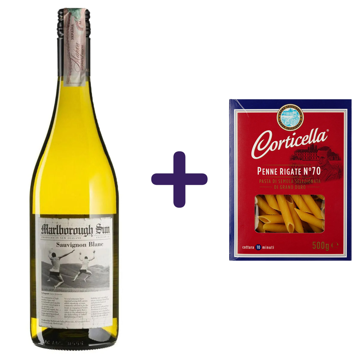 Набір: Вино Marlborough Sun Sauvignon Blanc біле сухе 0.75 л + Вироби макаронні Corticella Penne Rigate 500 г - фото 1