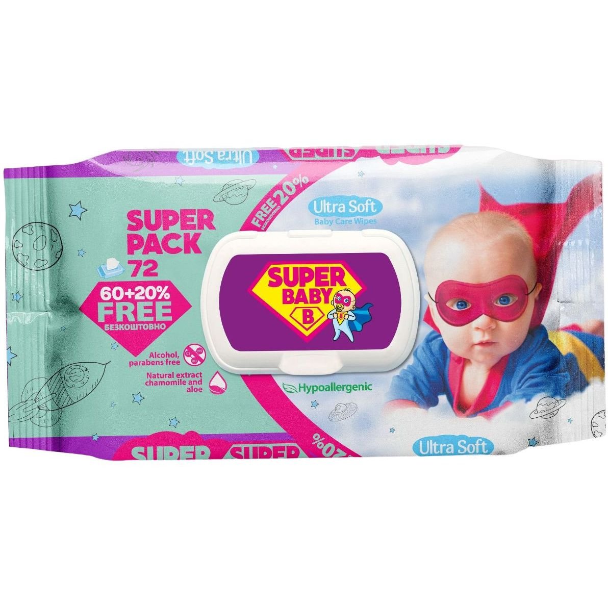 Вологі серветки Super Baby SuperPack, ромашка та алоє, 72 шт. - фото 1