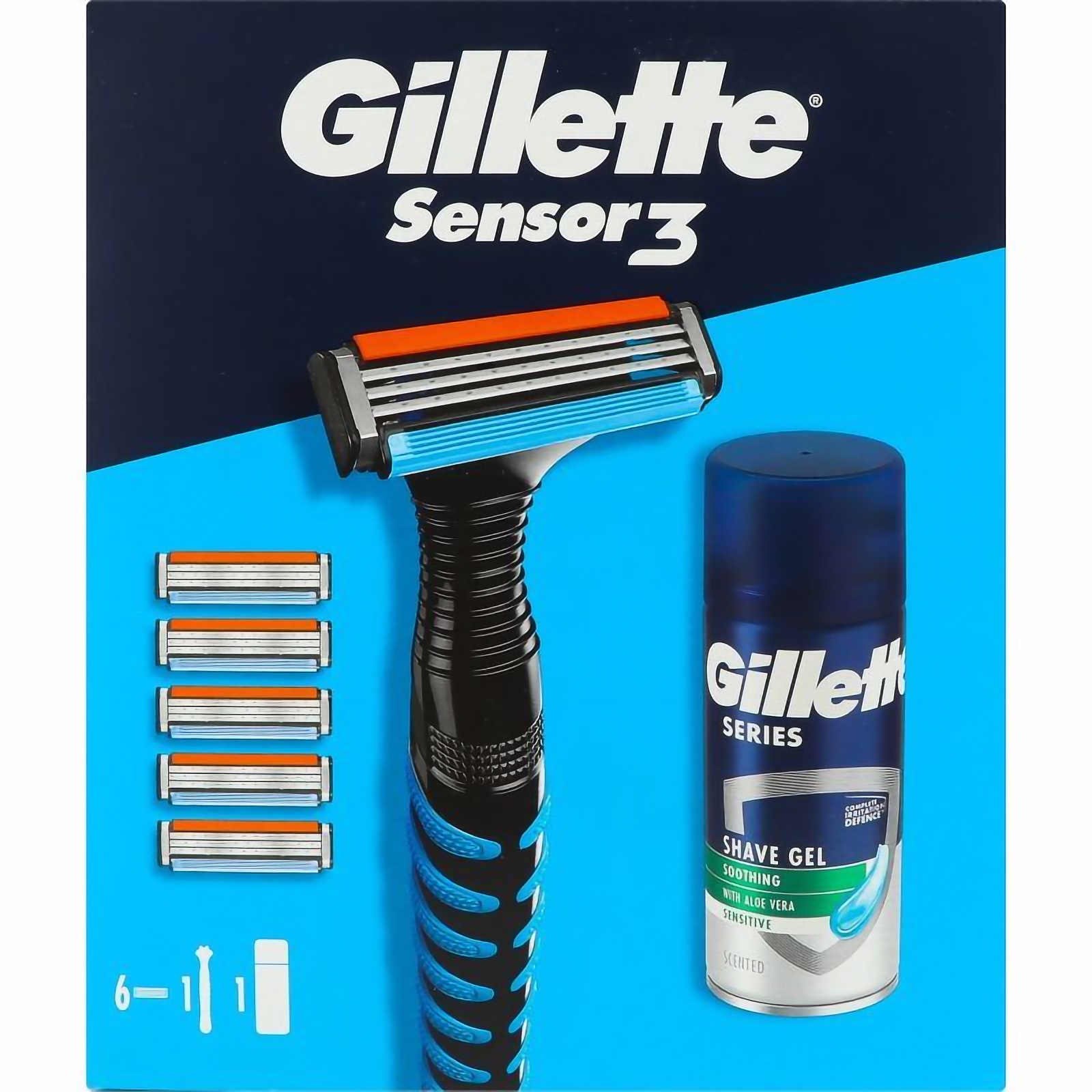 Подарунковий набір для чоловіків Gillette: бритва Sensor3 + змінні катриджі для гоління 5 шт. + гель для гоління Series Sensitive 75 мл - фото 1